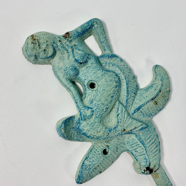 Verdigris 1970s Vintage Cast Iron Coastal Nautical Verdigris Mermaid Wall Hook. For Sale - Image 8 of 10