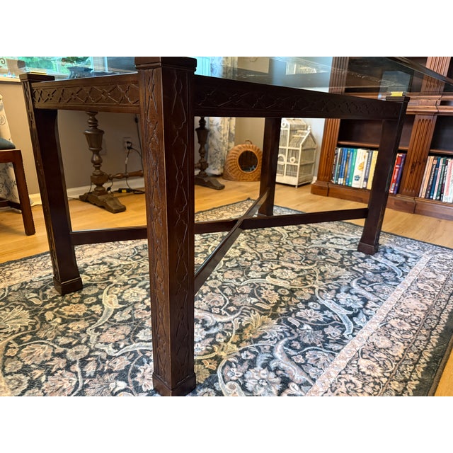 Vintage Maitland Smith Chinese Chippendale Mahogany & Glass Dining Table For Sale - Image 6 of 6