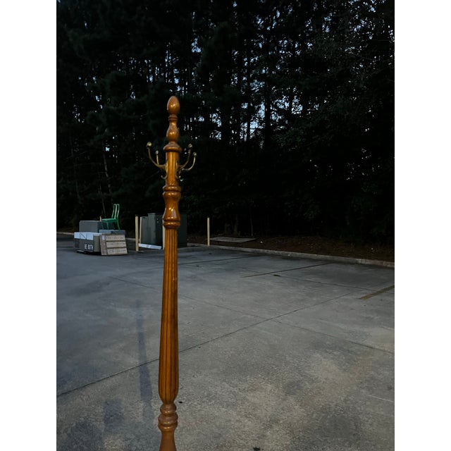 1970s Vintage MCM Tall Wooden Coat Rack With Brass Hooks For Sale - Image 5 of 12