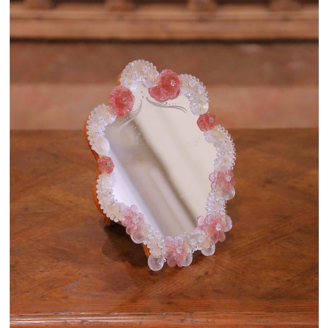Italian Mid-Century Italian Murano Glass Vanity Mirror With Pink Flowers For Sale - Image 3 of 8
