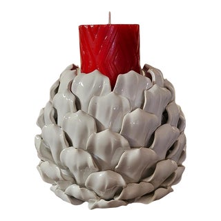 White Porcelain Artichoke Candle Holder With Red Candle For Sale