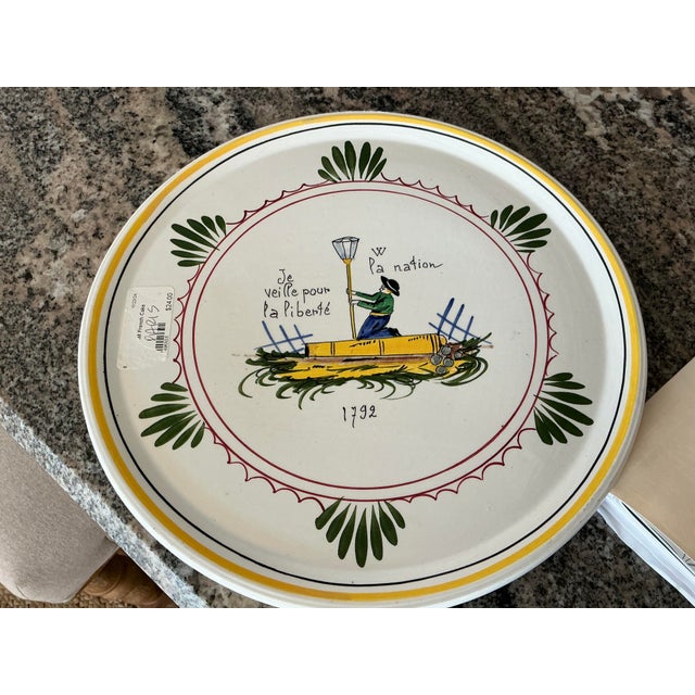 Wonderful Quimper cake plate or serving platter with classic French motif and words Je Veille pour la liberte (I stand for...