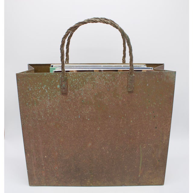 Metal Mid Century Modern Brass Tote Bag Magazine Rack For Sale - Image 7 of 11