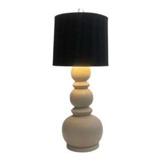 1970s Postmodern Matte Off-White Sculptural Ceramic Table Lamp With Black Striped & Gold Foil Shade For Sale