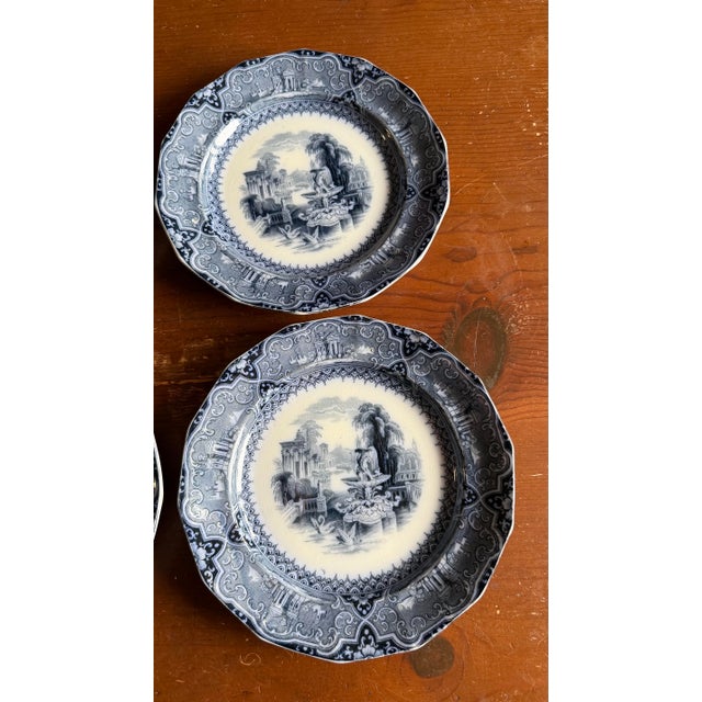 Black A Super Rare Set of 6 Antique Flow Black Ironstone Plates “Athens” by W. Adams, Circa 1850’s For Sale - Image 8 of 12