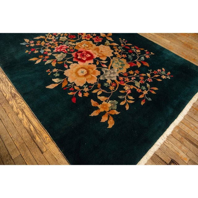 1920s 1920s Army Green Floral Medallion Haute Modern Knotted Wool Antique Chinese Art Deco Rug For Sale - Image 5 of 6