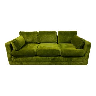 1970s Mid Century Modern Green Velour Pull Out Sofa Bed With Casters. For Sale