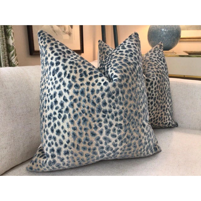 Art Deco Cowtan and Tout Ocelot Raised Azure Blue Velvet Cheetah 16" Pillow - A Pair For Sale - Image 3 of 5