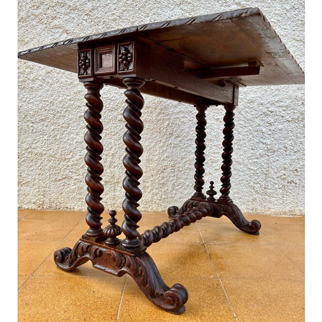 Baroque 1920s Spanish Baroque Revival Drop-Leaf Table With Carved Barley Twist Legs For Sale - Image 3 of 10