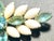 Mid-Century Modern MCM Jewelry by DeLizza & Elster Styled Milk Glass Cabochon and Aquamarine Navette Brooch For Sale - Image 3 of 4