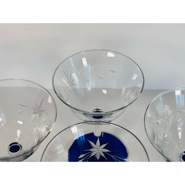 1960s Vintage 1960s Cobalt Footed & Floral Etched Clear Coupe Stems, Set of 4 For Sale - Image 5 of 6