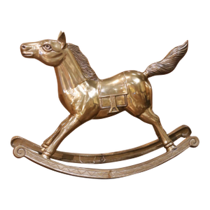 Mid-Century English Child Patinated Brass Rocking Carousel Horse on Curved Base