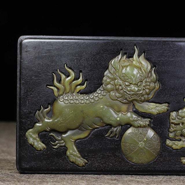 Late 20th Century Black Zitan Wood Box Inlaid With Jade Lion Motif For Sale - Image 5 of 9