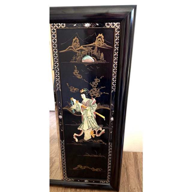 Chinoiserie Vintage Chinoiserie Black Lacquer Figural Mirrors, 2-Piece Set For Sale - Image 3 of 6
