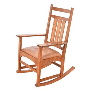 Stickley Harvey Ellis Collection Mission Arts & Crafts Inlaid Oak and Leather Rocking Chair For Sale
