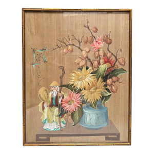 Antique Framed Chinoiserie Still Life Painting on Silk