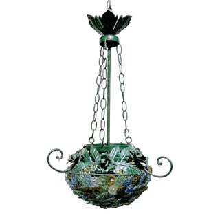 Vintage Italian Tole Chandelier With Murano Glass Flowers For Sale