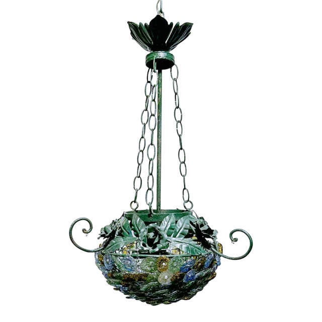Vintage Italian Tole Chandelier With Murano Glass Flowers For Sale