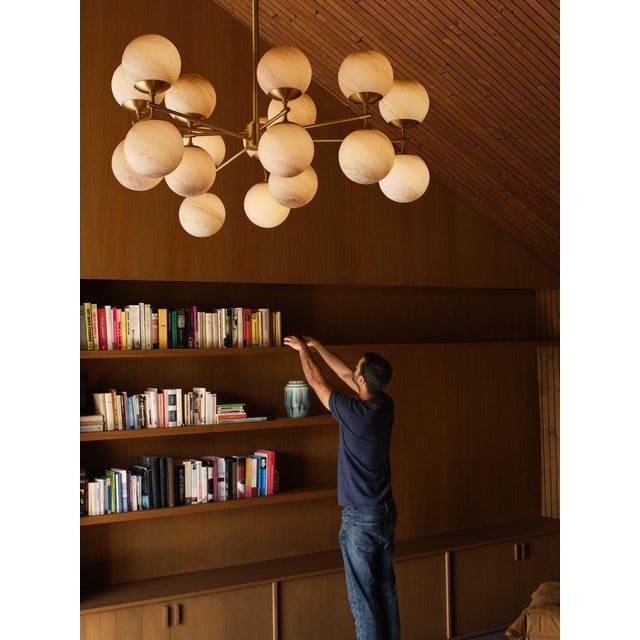 Zodiac 18-Light Contemporary Mirrored Glass Globe Chandelier - Brass, Gunmetal, Nickel, Opal Mat, Marbled, Ribbon Glass - Made to Order by Schwung For Sale - Image 12 of 12