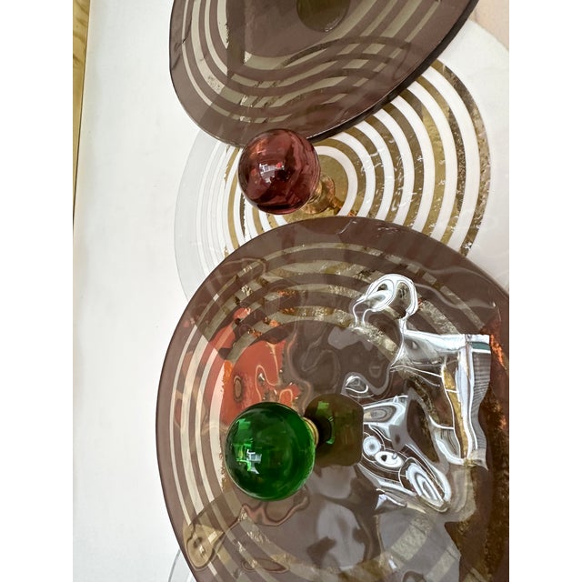 Large tall Pair of white and smoke circle disc Murano glass, pink and green cabochon ball, brass wall lights lightning...