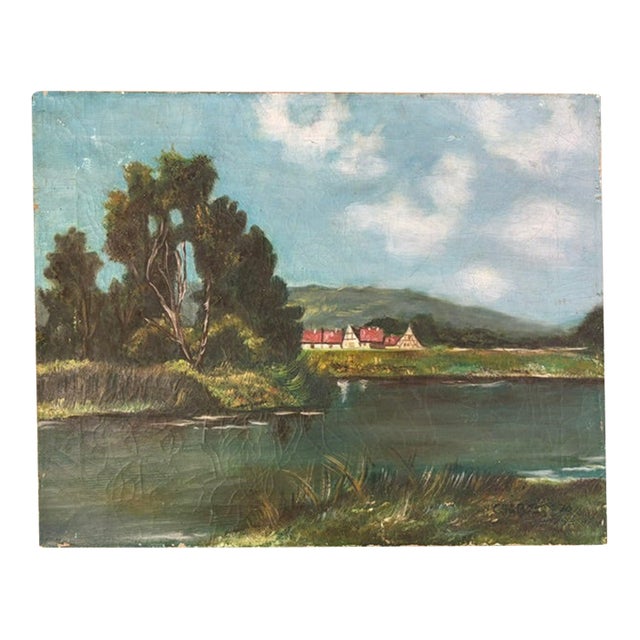 Early Oil on Canvas - House and a Lake - Signed For Sale