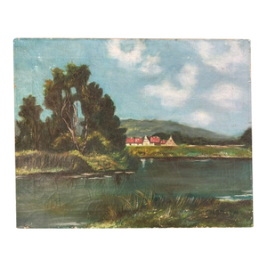 Early Oil on Canvas - House and a Lake - Signed