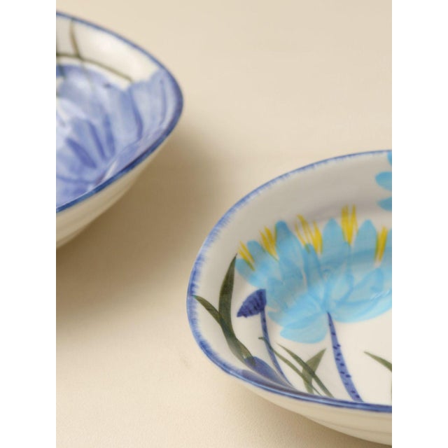 Japanese-Style Hand-Painted Floral Ceramic Bowl With Underglaze - Set of 4 For Sale In Los Angeles - Image 6 of 7