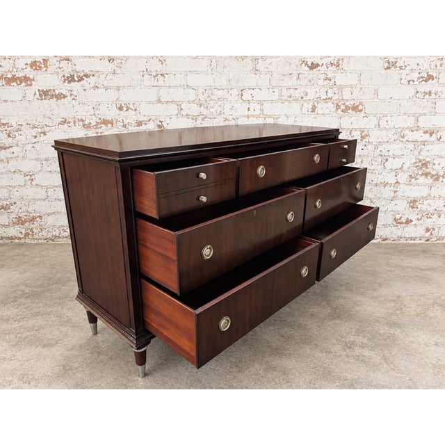 Henredon Vintage MCM Henredon Solid Mahogany 7 Drawer Dresser With Silver Tapered Legs For Sale - Image 4 of 8