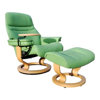 Ekornes Stressless Green Leather Chair Recliner Ottoman For Sale