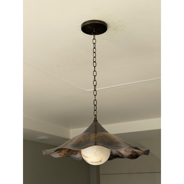 Ruffle Brass Pendant Light, Wavy Kitchen Island Lamp With Alabaster Globe For Sale - Image 11 of 15