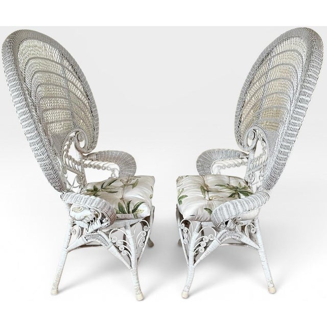 Hollywood Regency Vintage Boho Chic White Wicker Peacock Fan Back Chairs With Custom Cushions Pair For Sale - Image 3 of 16