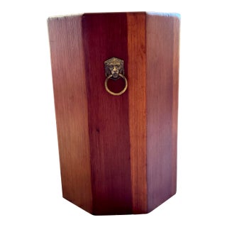 Vintage Wooden Waste Basket With Brass Lion Head Handles- For Sale