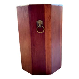 Vintage Wooden Waste Basket With Brass Lion Head Handles-