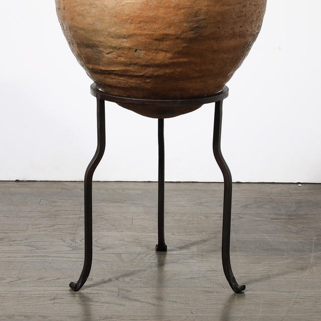 Native American Tribal Terracotta Red Iron Oxide Vessel on Wrought Iron Base For Sale - Image 11 of 12