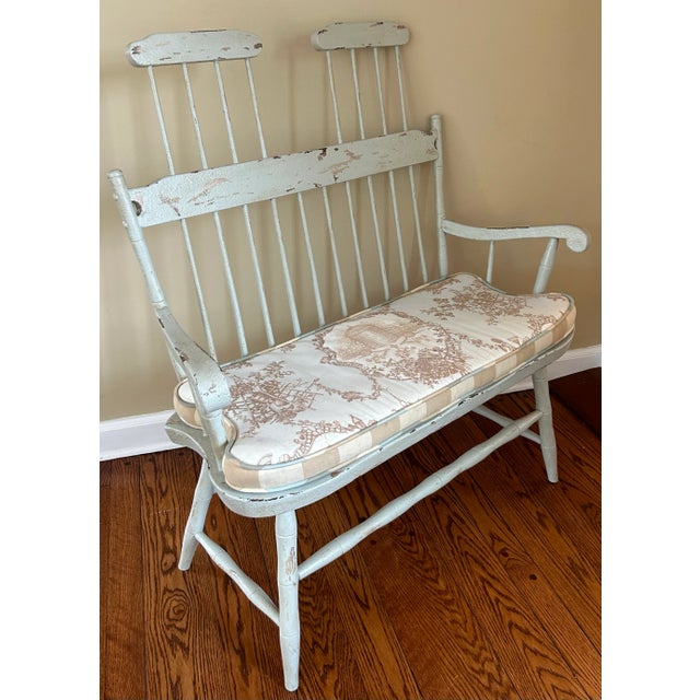 French Country Distressed Toile High Back Bench For Sale - Image 9 of 9