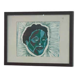 1970s Framed Contemporary Figurative Portrait Print in Blue and Green. For Sale