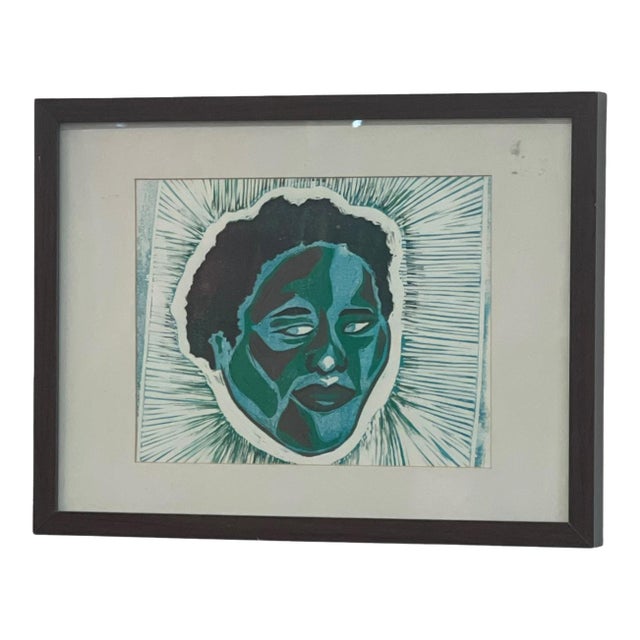 1970s Framed Contemporary Figurative Portrait Print in Blue and Green. For Sale