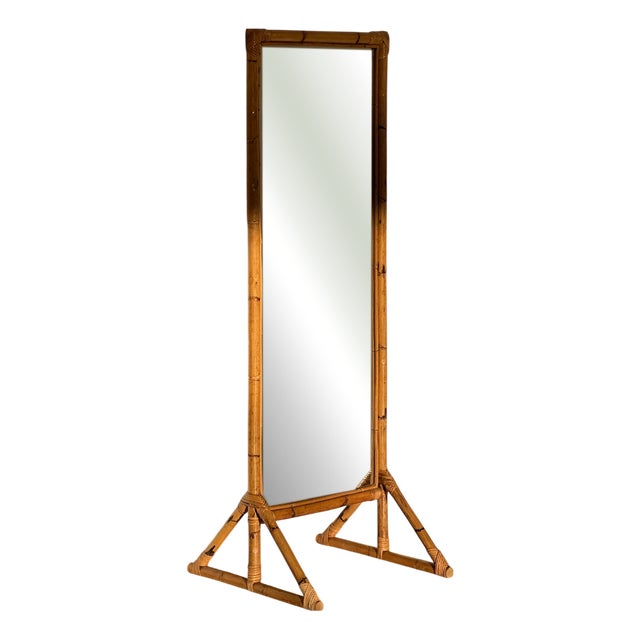 Rectangular Bamboo Rattan Floor Mirror, 1970s For Sale