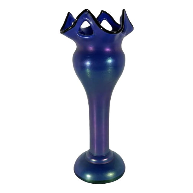 Loetz Iridescent Blue Glass Vase: Austrian Pierced Art Nouveau Vase, c. 1905 For Sale