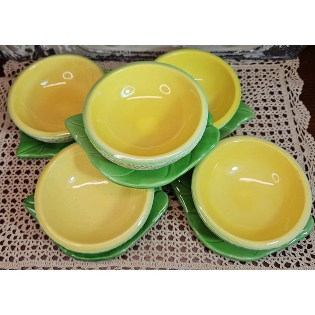 Ceramic Vintage MCM Four Cantaloupe Japanese Fruit Bowls With Leaf Base-Set of 5 For Sale - Image 7 of 7