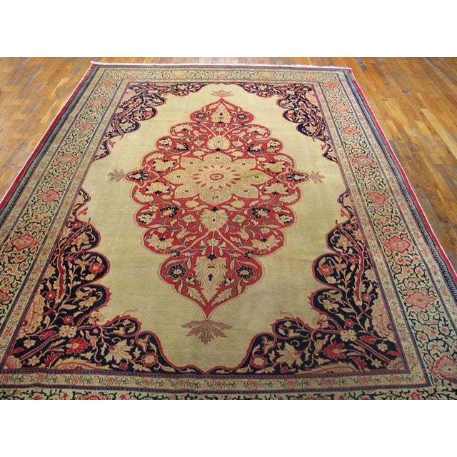 1890s Ivory Medallion Antique Persian Tabriz Haji Jalili Rug 7'6'' X 11' Handknotted Wool Carpet For Sale - Image 4 of 6