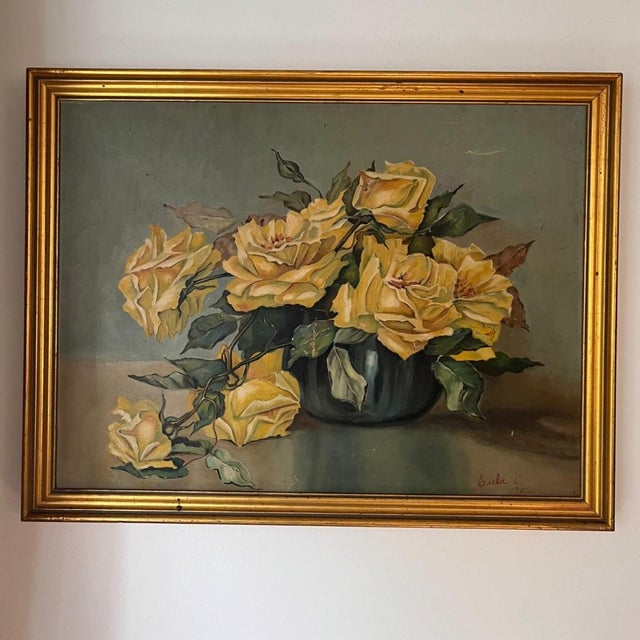 1906 Antique Still Life Yellow Roses Oil Painting Hand
