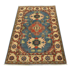 Kazak Rug 4’2” X 5’10” Blue Wool Tribal Hand-Knotted Carpet