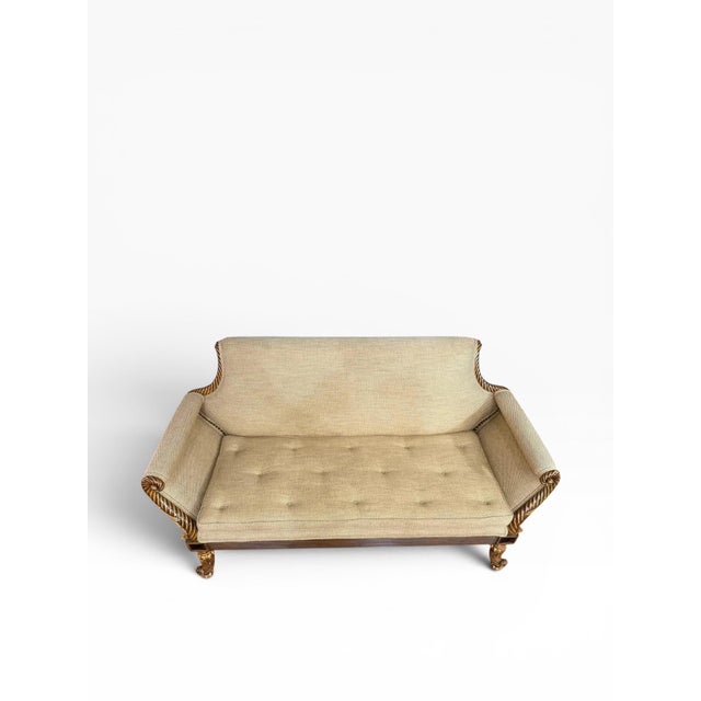 Tan Vintage Carved Wood Settee With Gold Leaf Accents and Textured Upholstery For Sale - Image 8 of 11