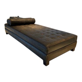 Mid-Century Tufted Black Leather Gallery Ottoman For Sale
