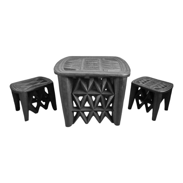 Mid 20th Century Vintage Nupe Table & Stools - Set of 3 For Sale