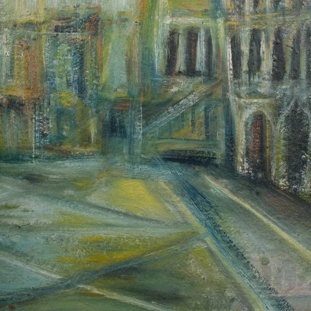 Wood A Large Oil on Masonite Painting Depicting a City View Painting Featuring a Clock Tower. Unsigned. For Sale - Image 7 of 12