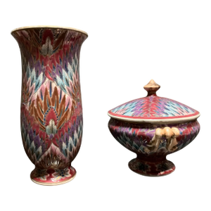 Toyo Pink Peacock Feather Pattern Porcelain Vase Container Set- A Pair