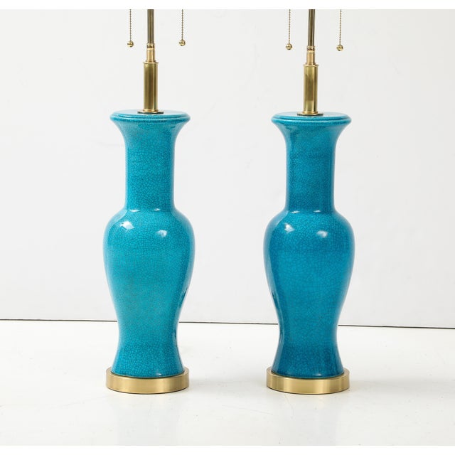 Metal Cerulean Blue crackle Glazed Ceramic Lamps - a Pair For Sale - Image 7 of 11