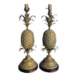 Vintage Wildwood Tole Iron Green Gold Pineapple Table Lamps- a Pair For Sale